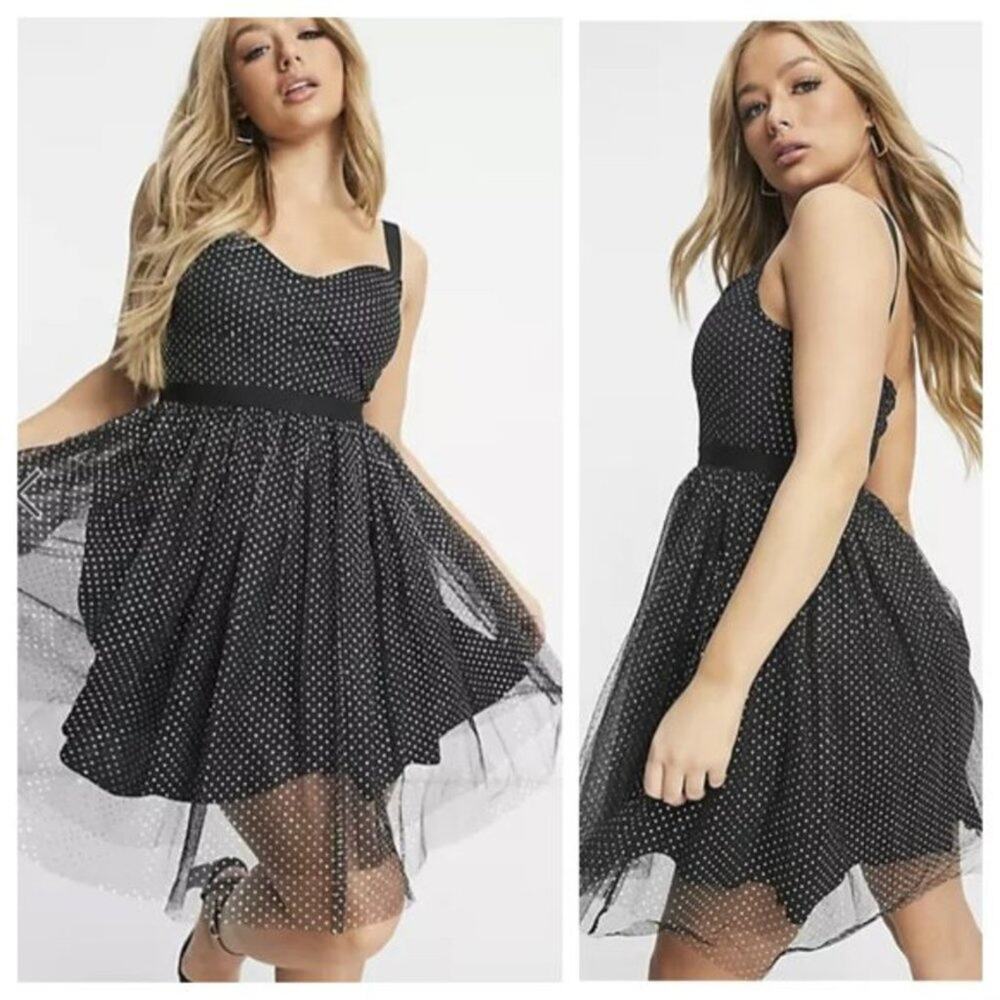 NWT Rare London Women's Mini Skater Dress Black Silver Polka Dot Size 8